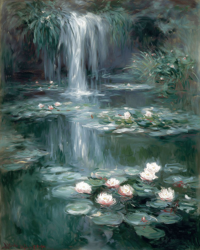 Lotusteich und Wasserfall Malen nach Zahlen