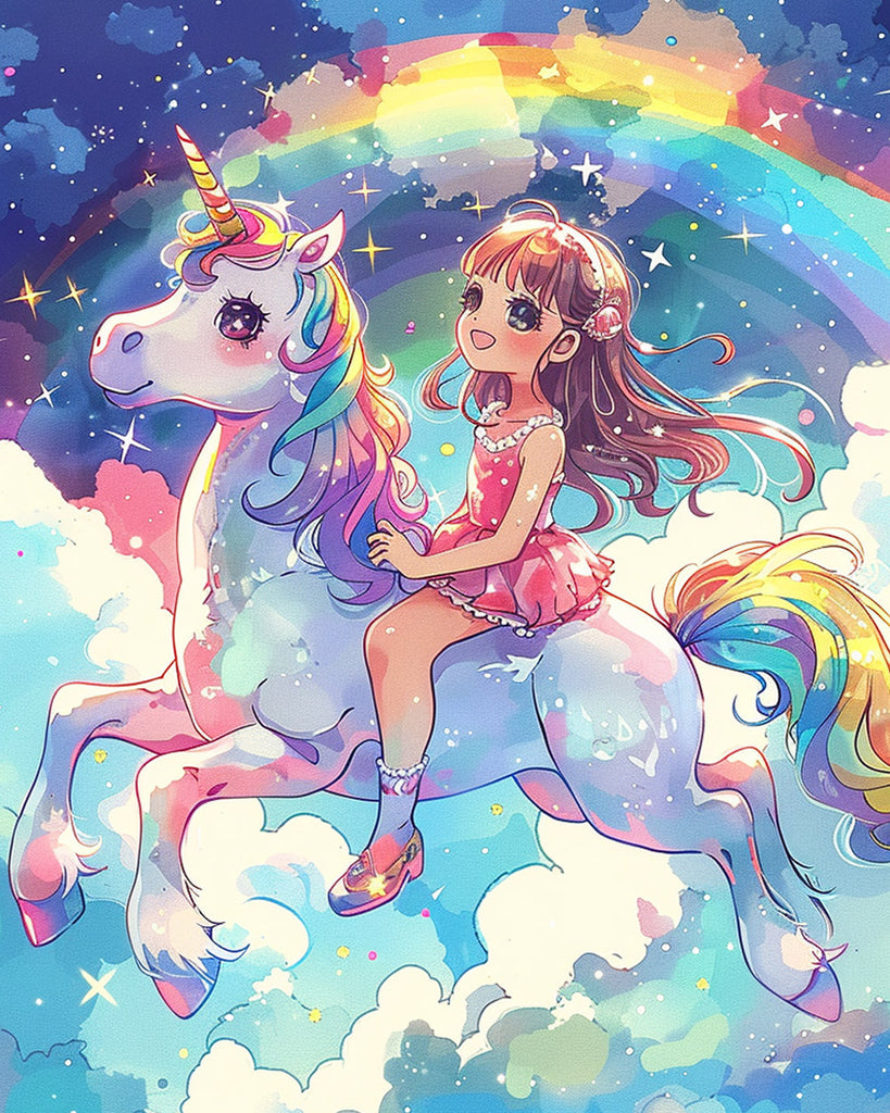 Mädchen auf Einhorn und Regenbogen Malen nach Zahlen