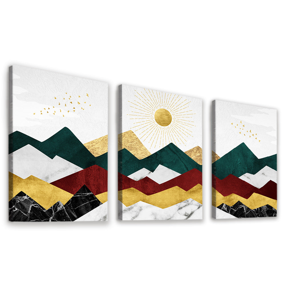 Moderne Berge und goldene Sonne 3-teilig Triptychon Malen nach Zahlen