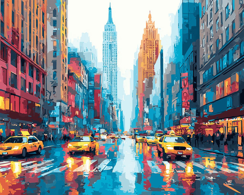 Moderne Stadt und Taxi im Regen Malen nach Zahlen