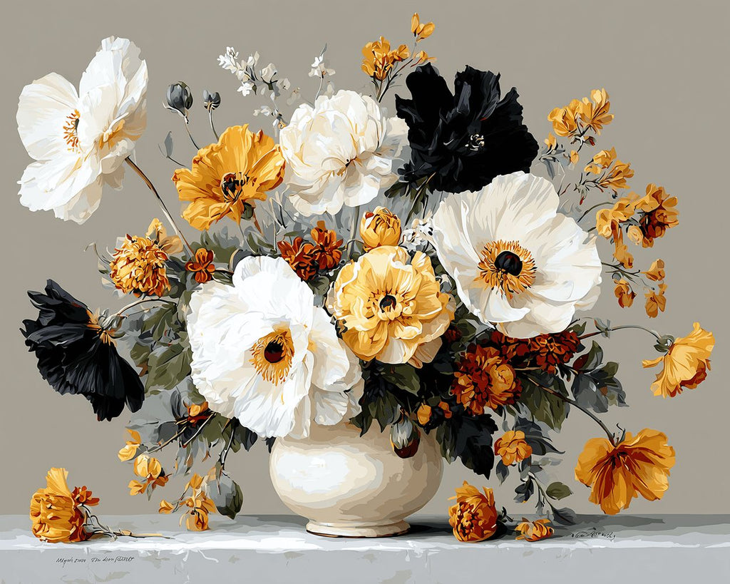 Mohnblumen in weißer Porzellanvase Malen nach Zahlen