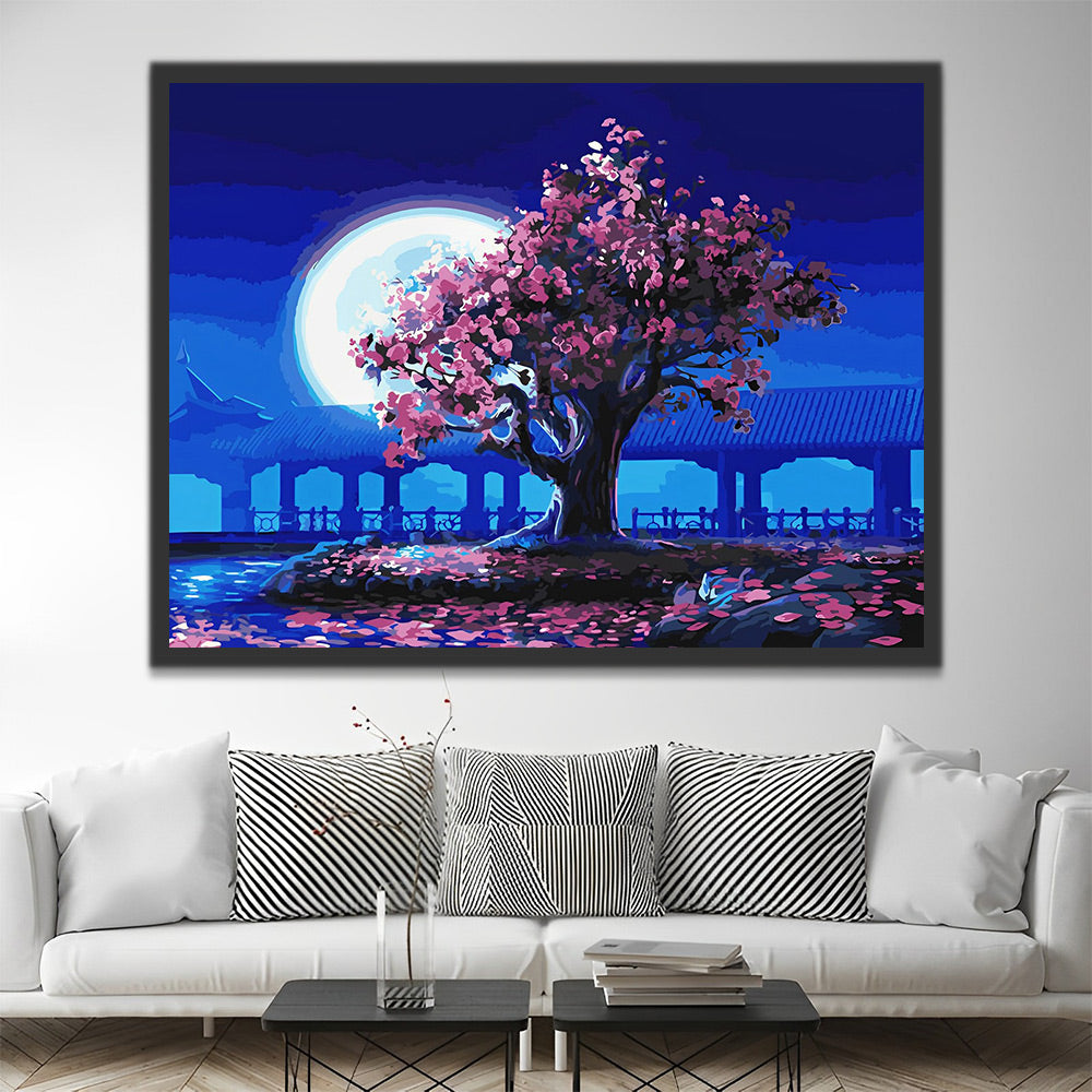 Mond und Baum mit rosa Blumen Malen nach Zahlen