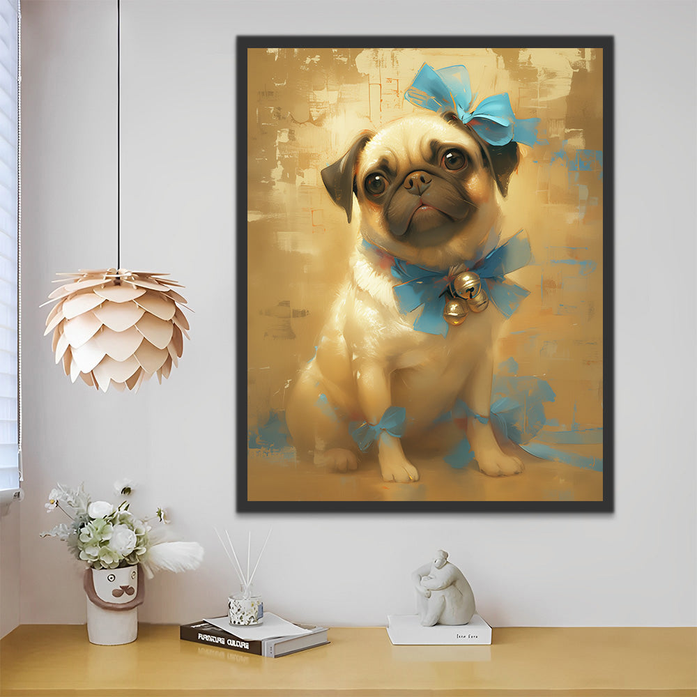 Mops mit blauen Schleifen Malen nach Zahlen