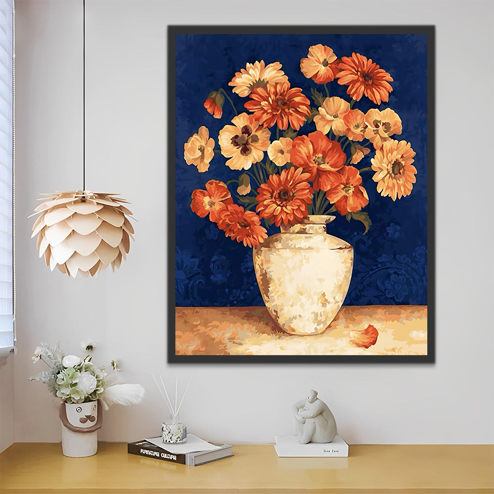 Orange Chrysanthemen und Mohnblumen Malen nach Zahlen