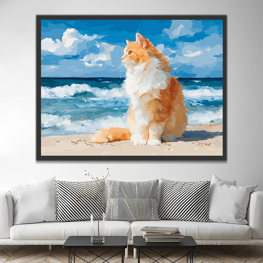 Orangefarbene Katze am Strand sitzend Malen nach Zahlen