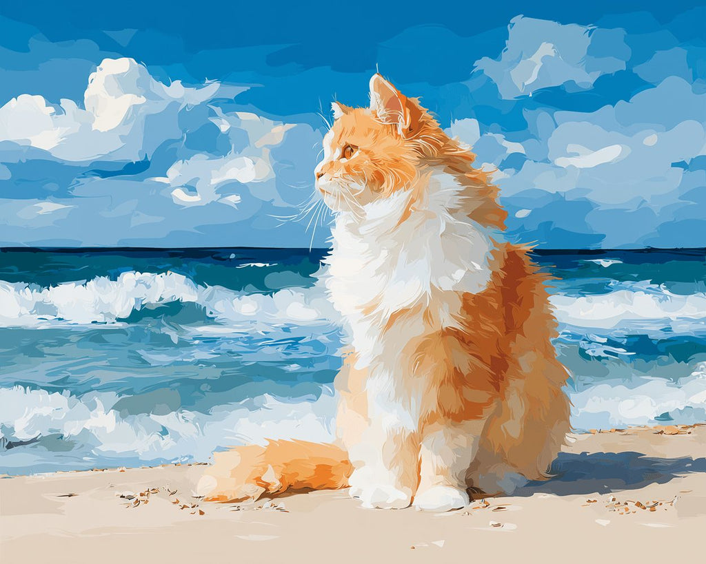 Orangefarbene Katze am Strand sitzend Malen nach Zahlen