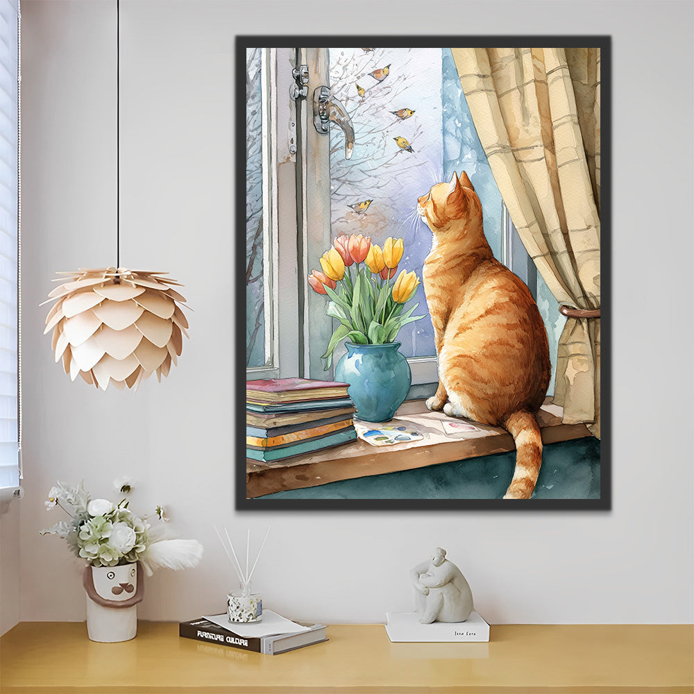 Orangefarbene Katze und Tulpen auf der Fensterbank Malen nach Zahlen