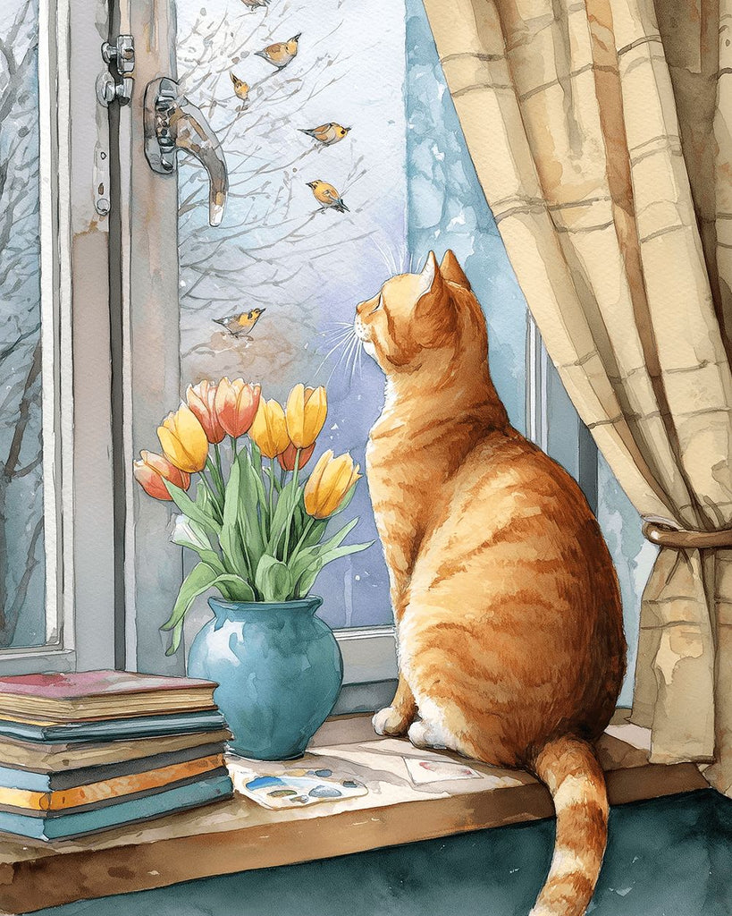 Orangefarbene Katze und Tulpen auf der Fensterbank Malen nach Zahlen