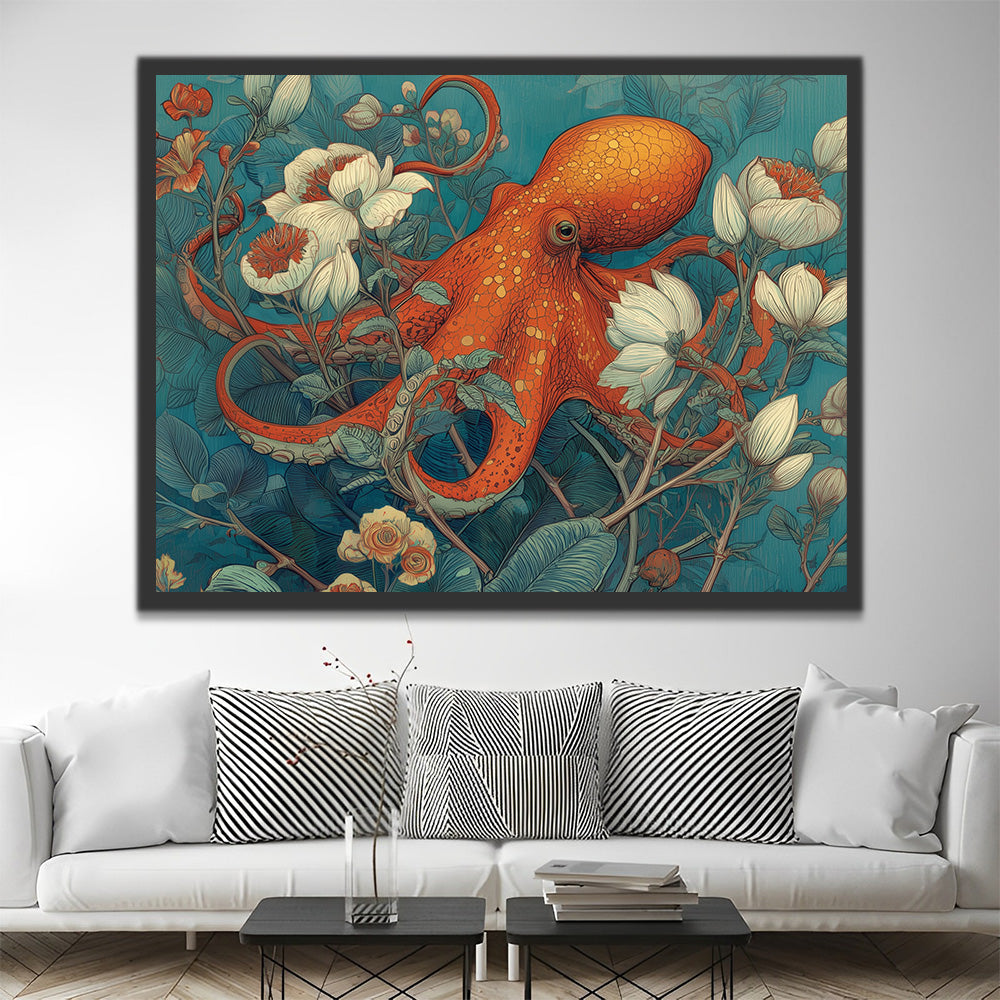 Orangefarbener Oktopus mit weißen Blumen umrankt Malen nach Zahlen