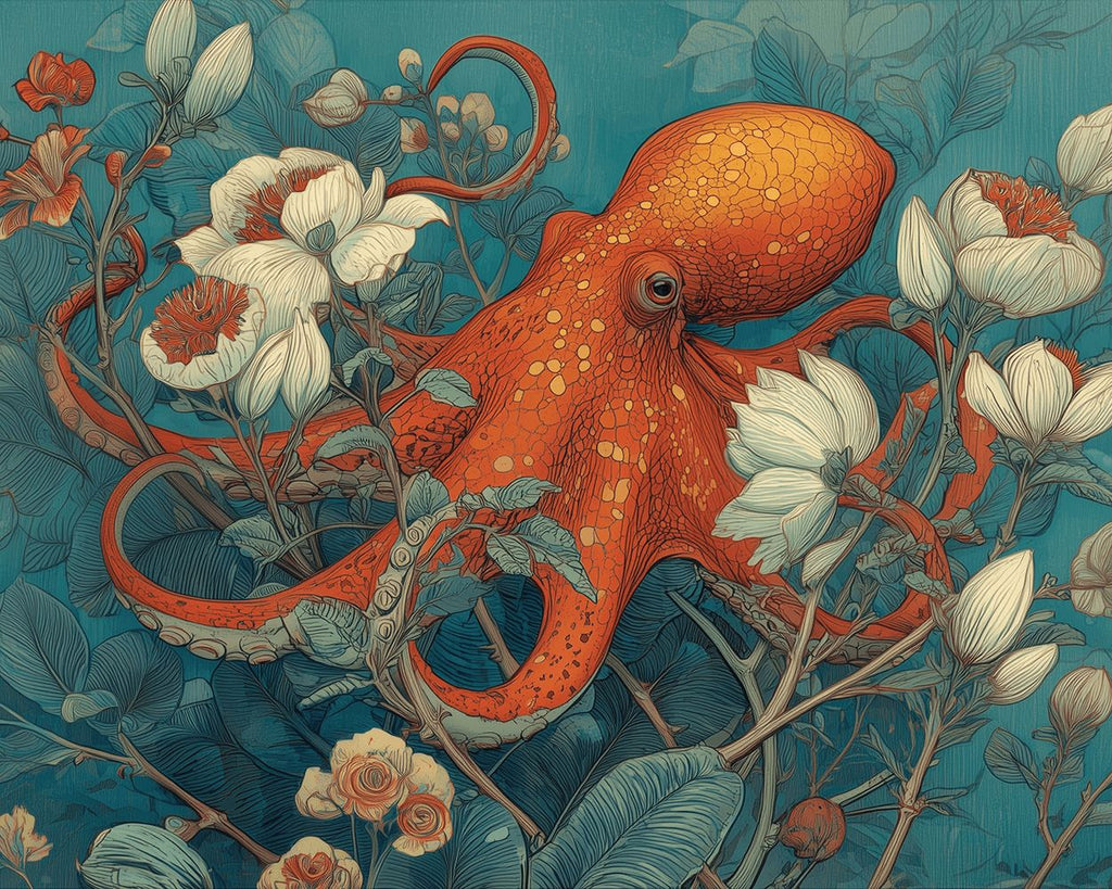 Orangefarbener Oktopus mit weißen Blumen umrankt Malen nach Zahlen