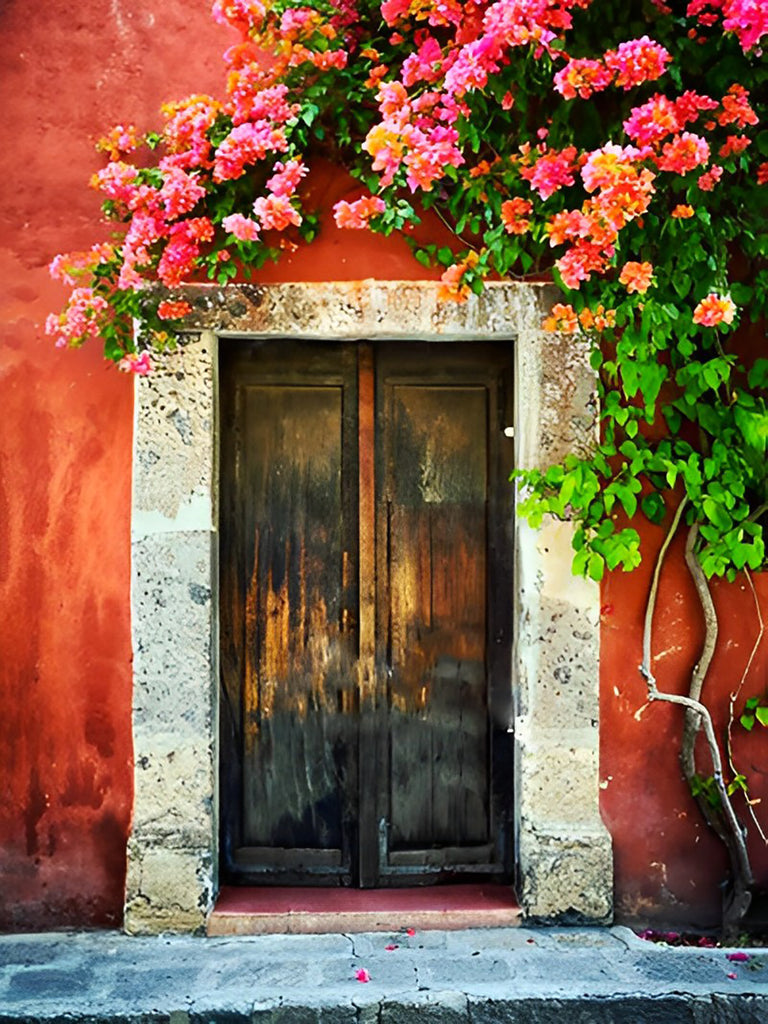 Orangen Wand, Holztür und Blumen Malen nach Zahlen