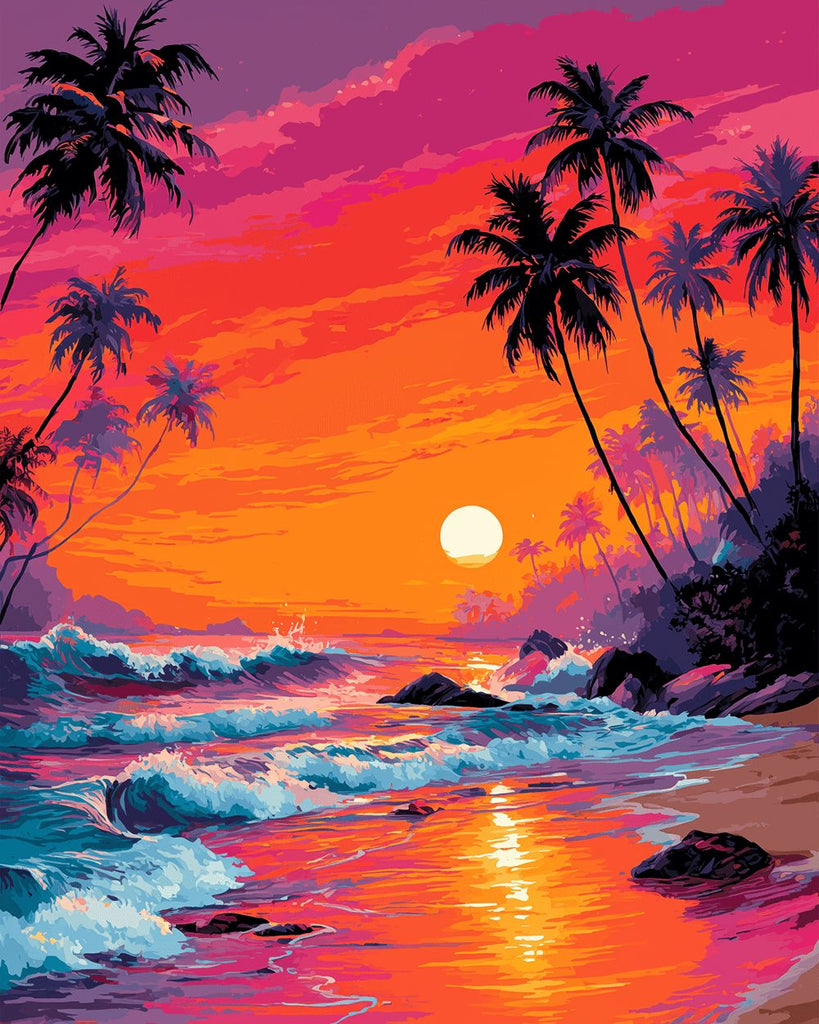 Palmen am Strand bei Sonnenuntergang Malen nach Zahlen
