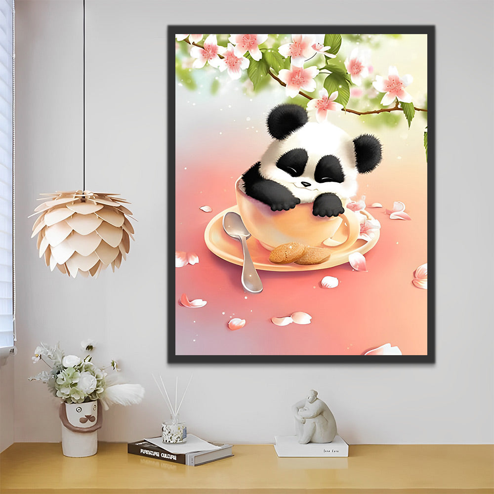 Panda in der Teetasse unter dem Kirschbaum Malen nach Zahlen