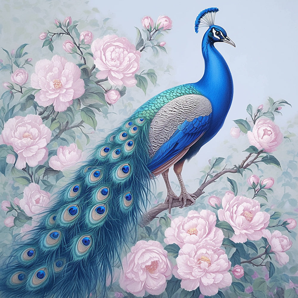 Pfau mit Rosa Blumen Malen nach Zahlen