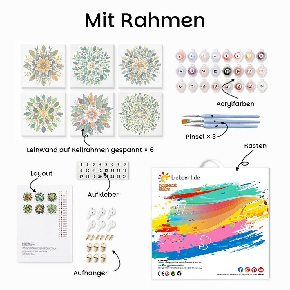 Pflanzenblätter Mandala 6 Stück Mini Malen nach Zahlen