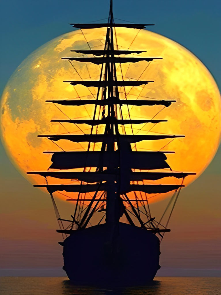 Piratenschiff und goldener Vollmond Malen nach Zahlen