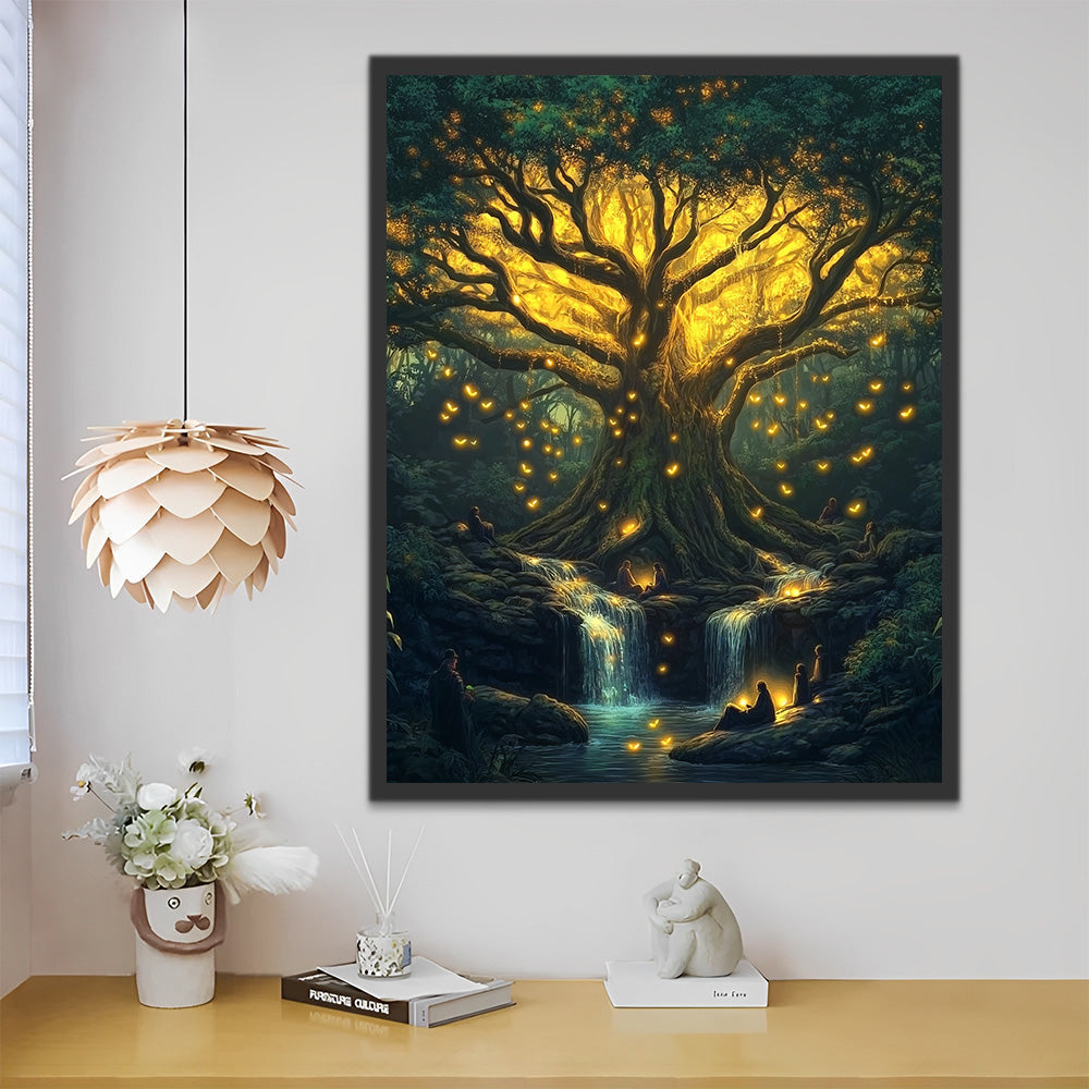 Praktizierende unter dem geheimnisvollen Baum des goldenen Lichts Malen nach Zahlen