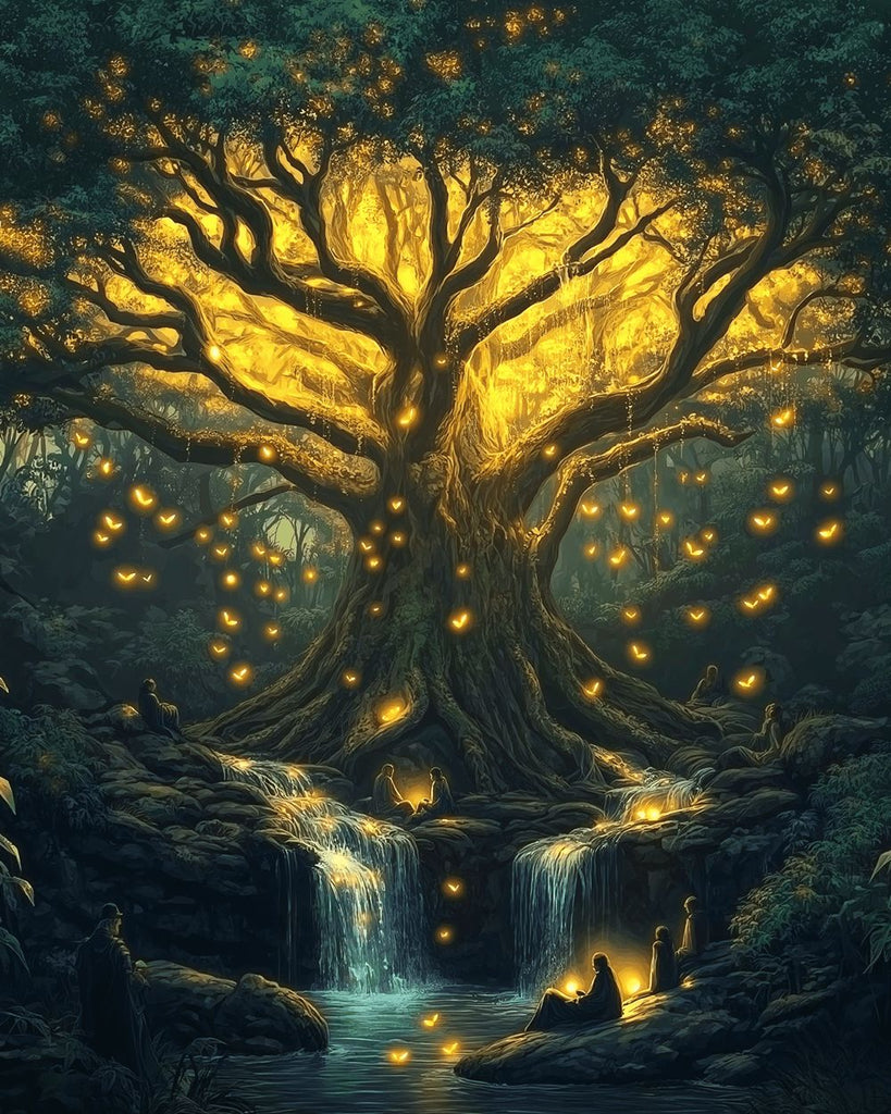 Praktizierende unter dem geheimnisvollen Baum des goldenen Lichts Malen nach Zahlen