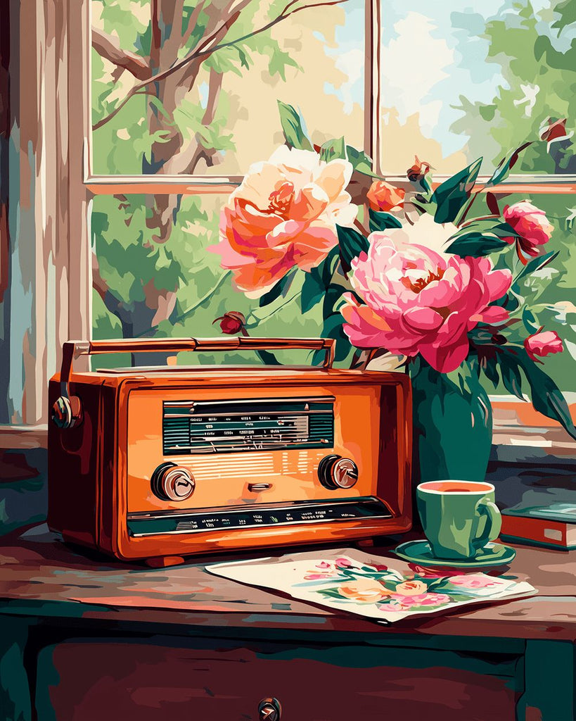 Radio und Pfingstrosen auf der Fensterbank Malen nach Zahlen