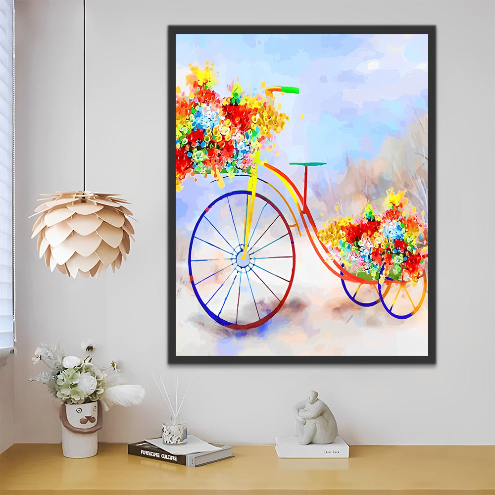 Regenbogen-Fahrrad mit Blumen Malen nach Zahlen