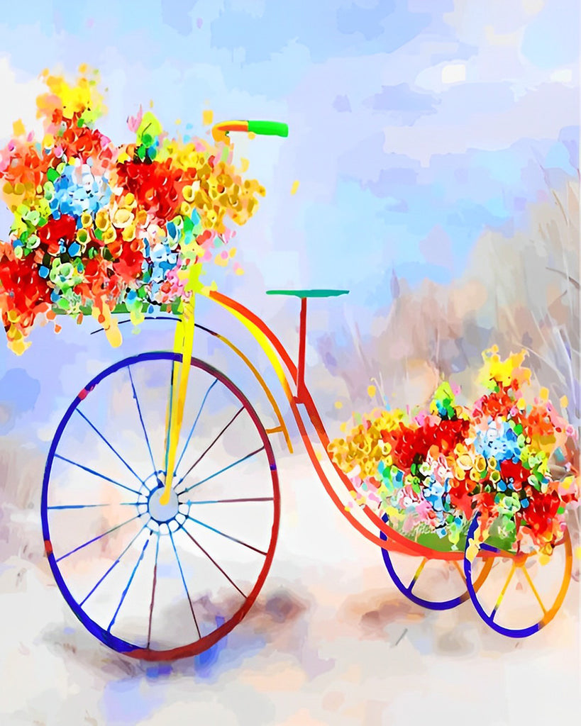 Regenbogen-Fahrrad mit Blumen Malen nach Zahlen