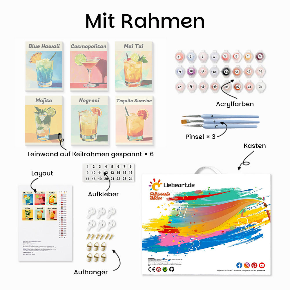 Reichhaltige Cocktailvariationen 6 Stück Mini Malen nach Zahlen