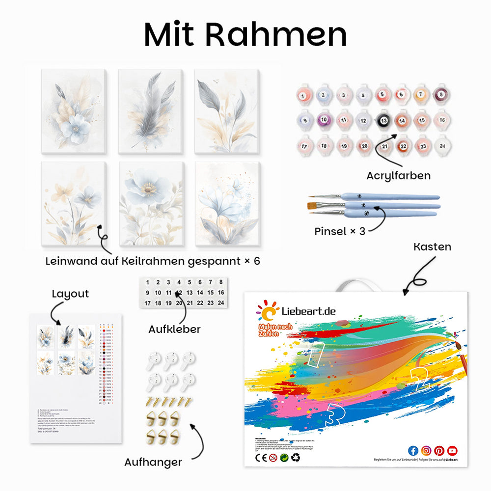 Reine Blumen und Federn 6 Stück Mini Malen nach Zahlen