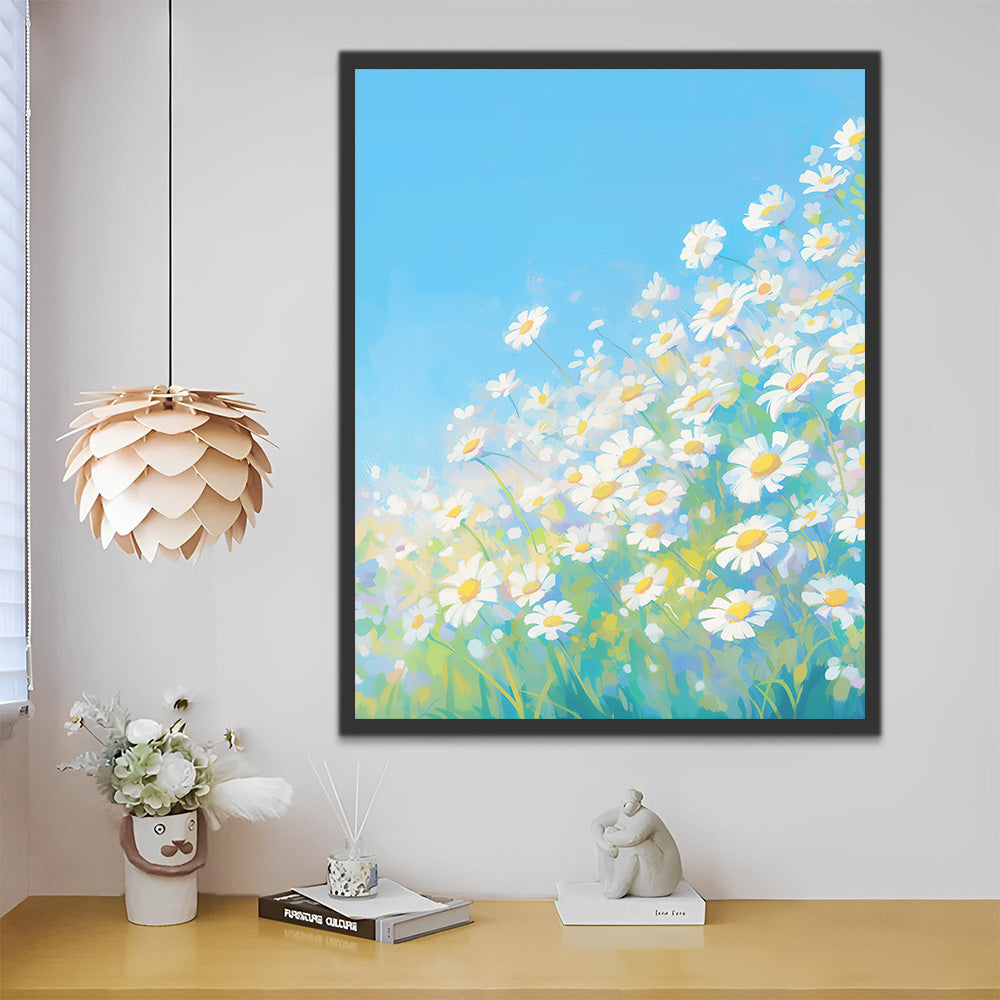 Reinweiße und blaue Gänseblümchen Malen nach Zahlen