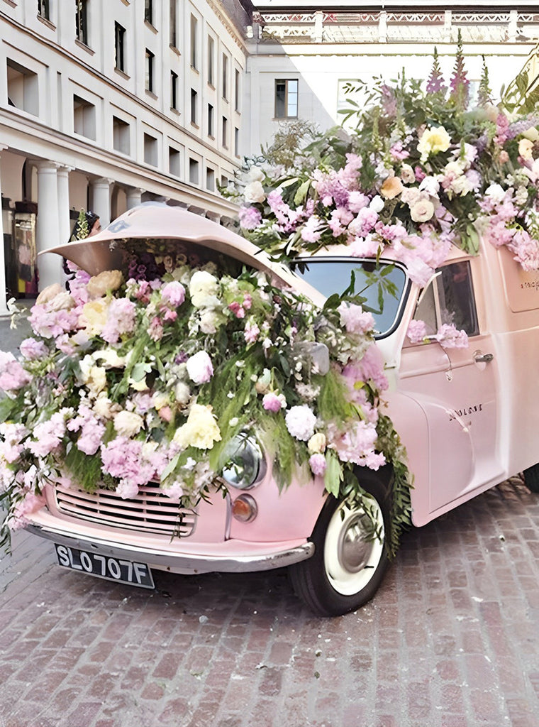 Rosa Auto voller Blumen Malen nach Zahlen