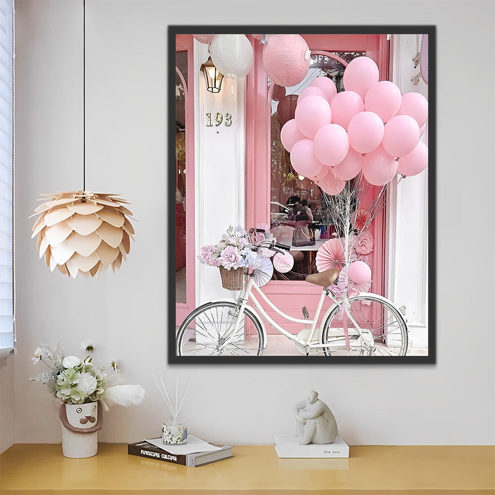 Rosa Ballons, Fahrrad und rosa Tür Malen nach Zahlen