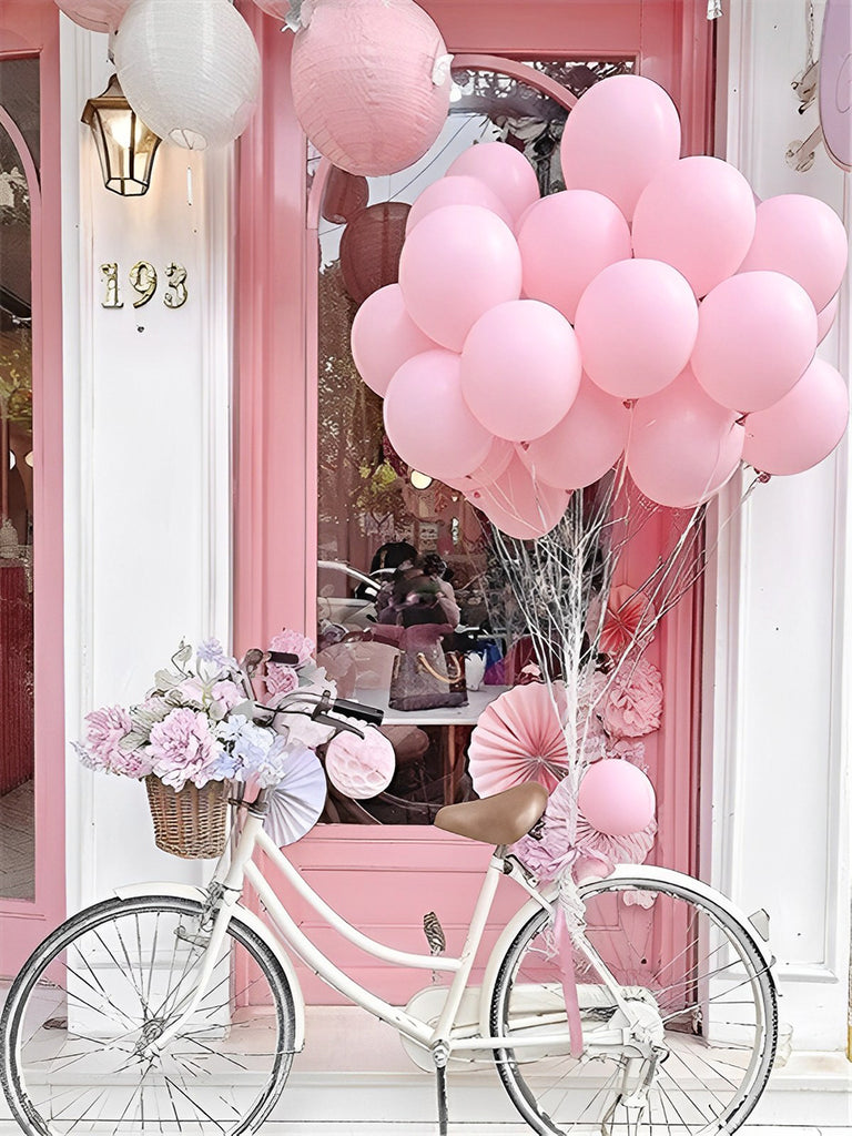 Rosa Ballons, Fahrrad und rosa Tür Malen nach Zahlen