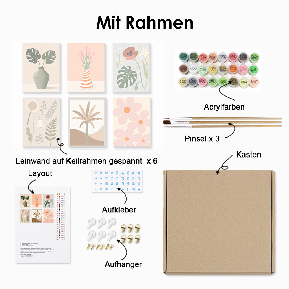 Rosa Blumen und Herbstblätter 6 Stück Mini Malen nach Zahlen