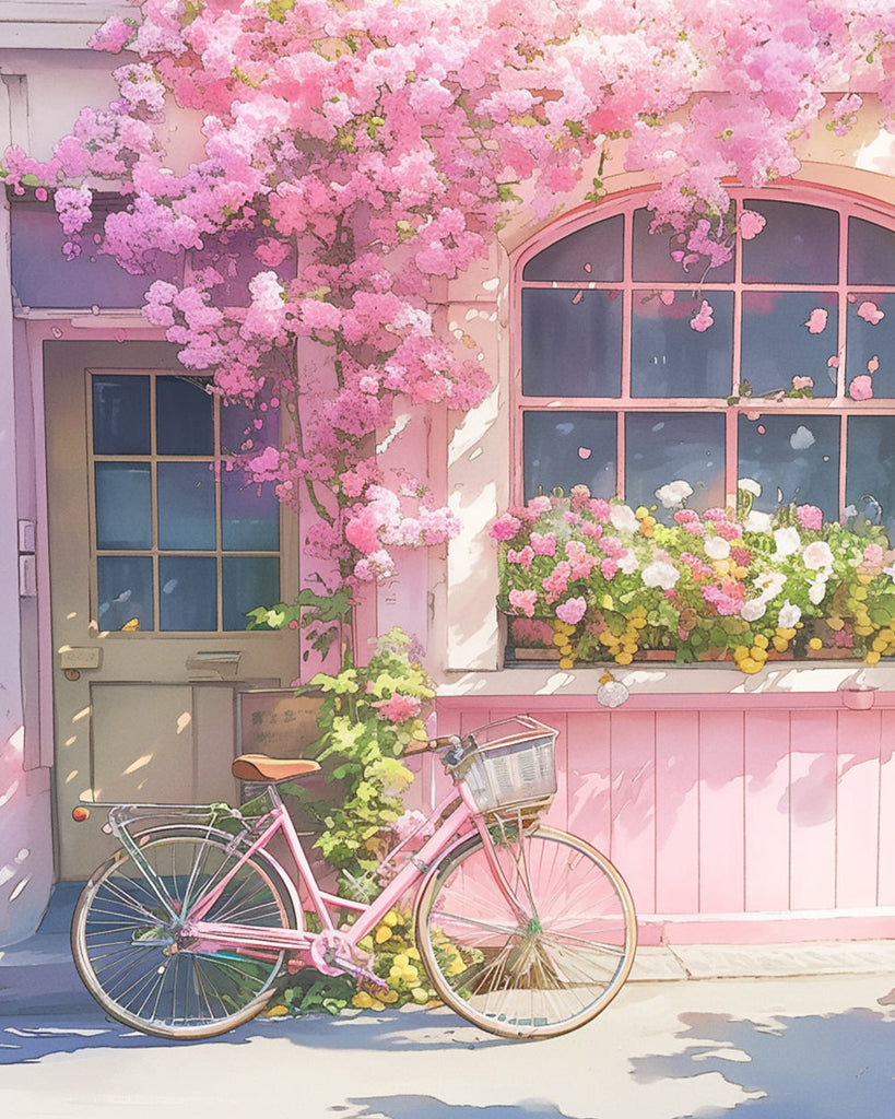 Rosa Blumen und Rosa Fahrrad Malen nach Zahlen