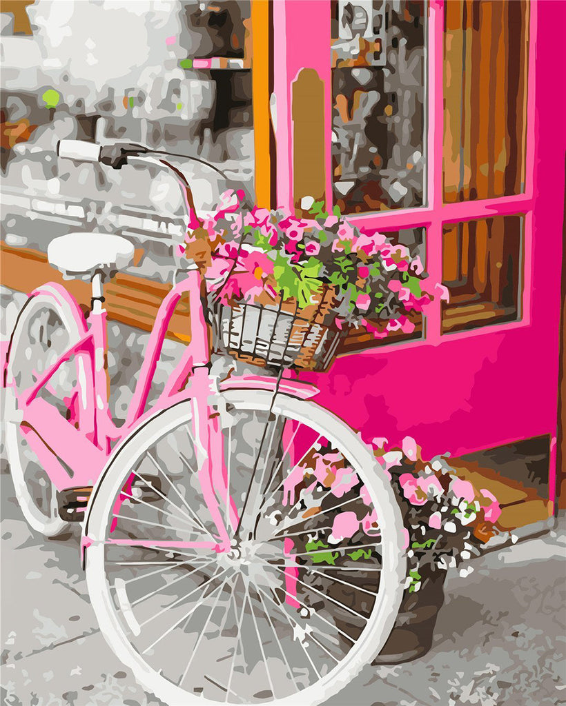 Rosa Fahrrad vor rosa Tür Malen nach Zahlen