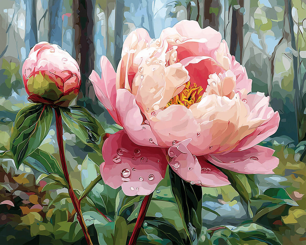 Rosa Pfingstrosen und Knospen im Wald Malen nach Zahlen