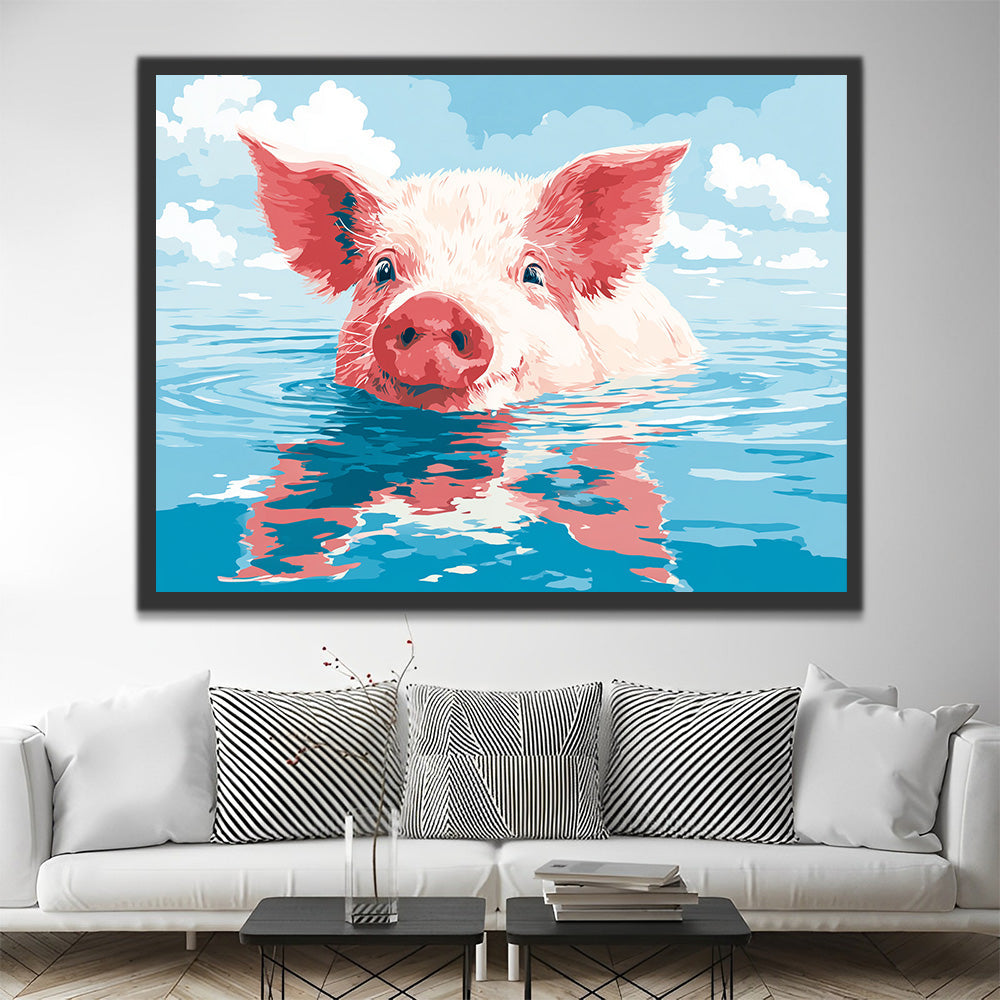 Rosa Schwein schwimmt im Wasser Malen nach Zahlen