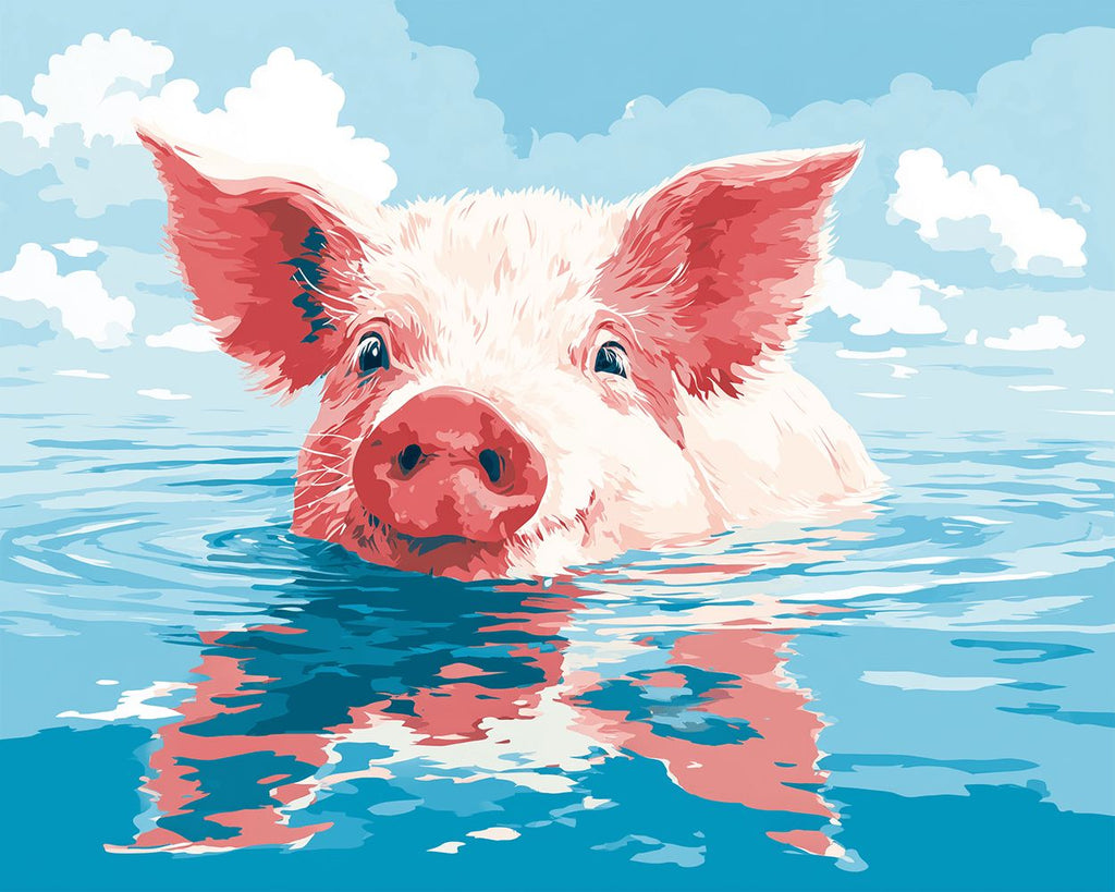 Rosa Schwein schwimmt im Wasser Malen nach Zahlen