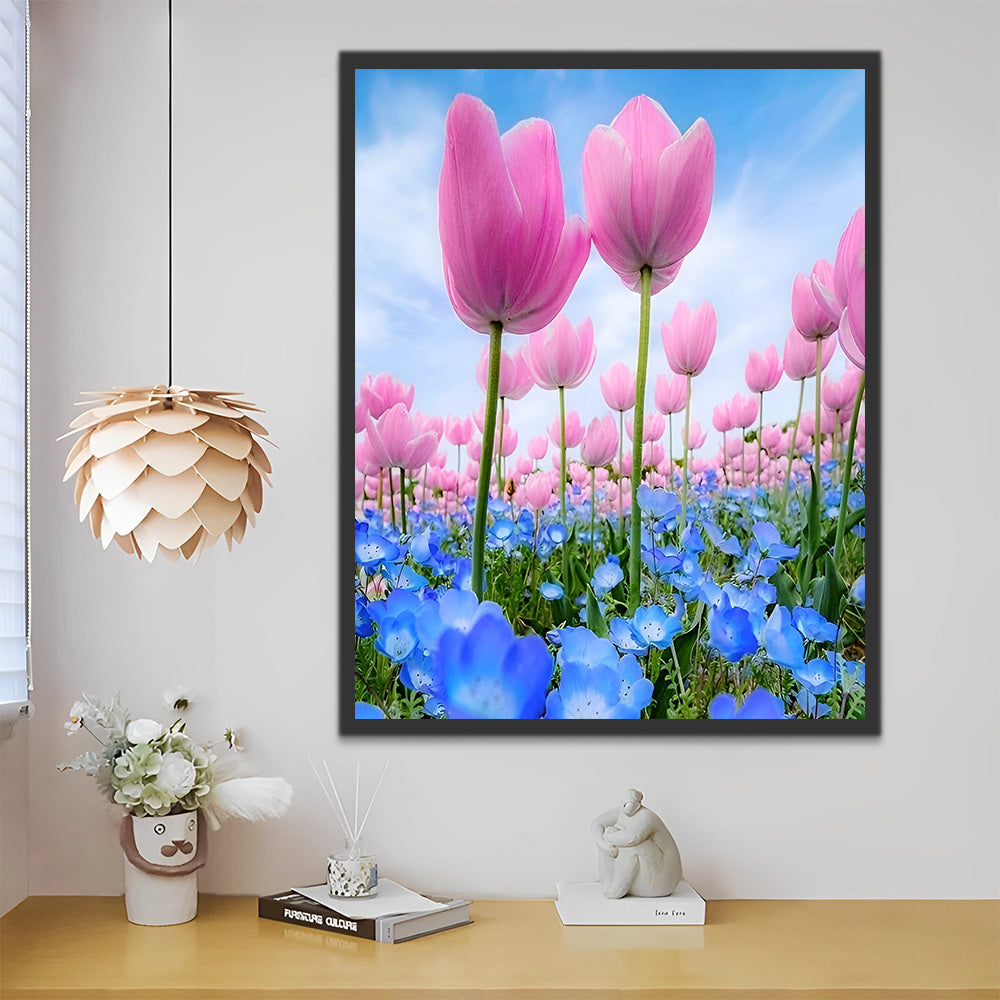 Rosa Tulpen und blaue Blumen Malen nach Zahlen