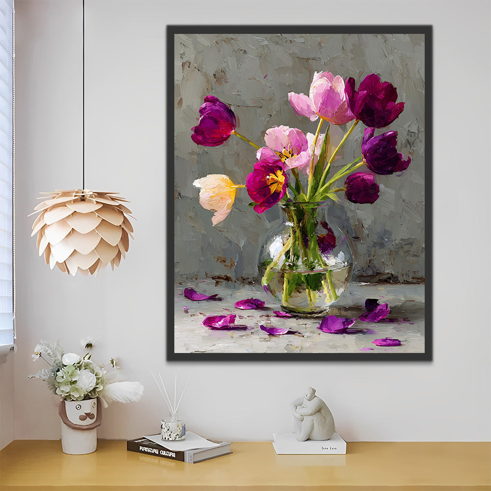 Rosa und lila Tulpen in der durchsichtigen Glasvase Malen nach Zahlen