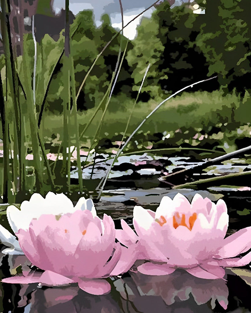 Rosa und weiße Lotusblumen Malen nach Zahlen