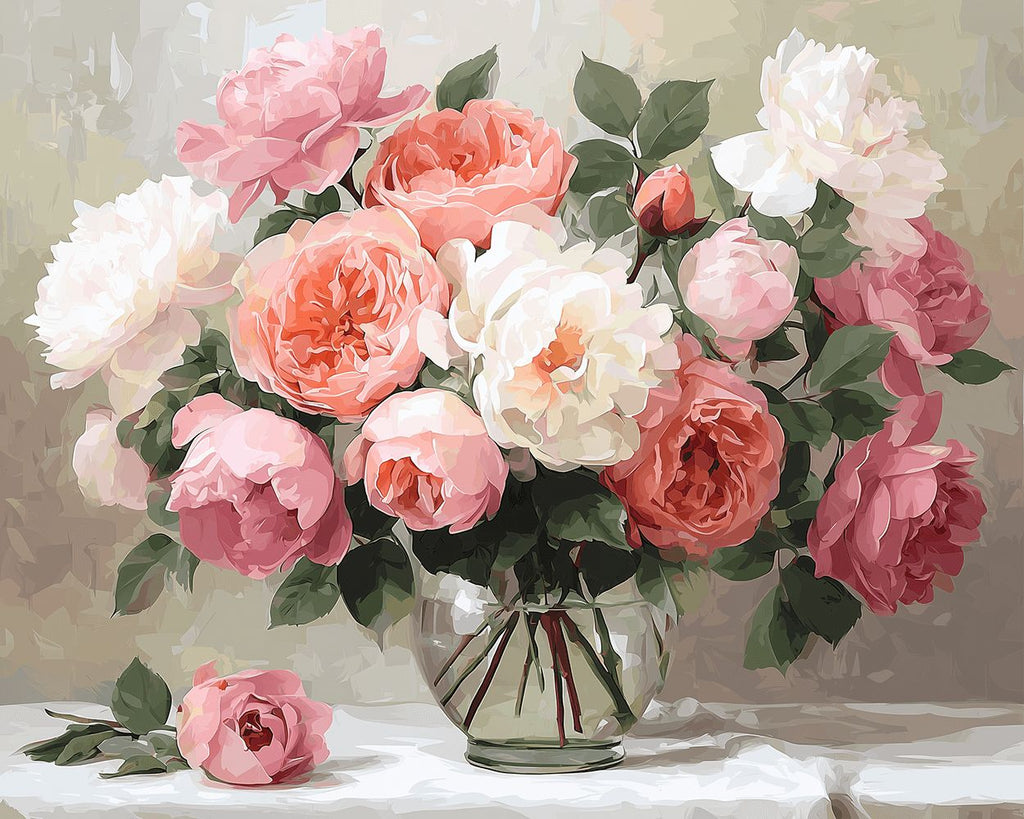 Rosa und weiße Pfingstrosen Malen nach Zahlen