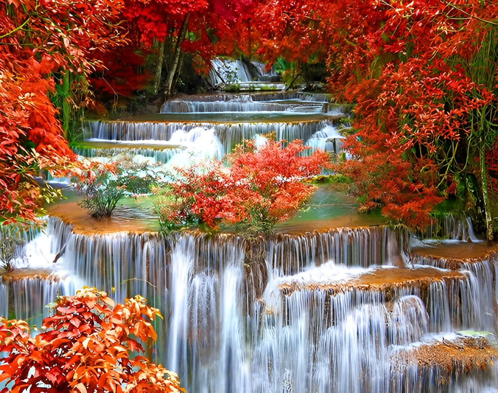 Rote Ahornbäume neben dem Wasserfall Malen nach Zahlen