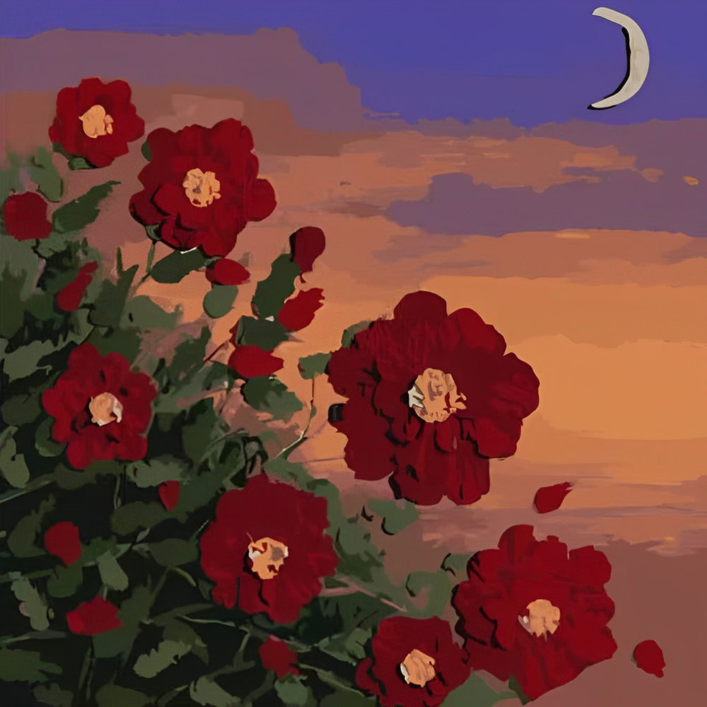 Rote Blumen und Mond Malen nach Zahlen