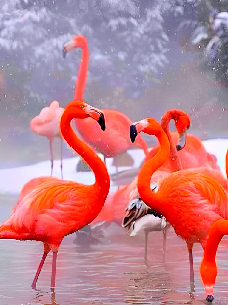 Rote Flamingos am See Malen nach Zahlen