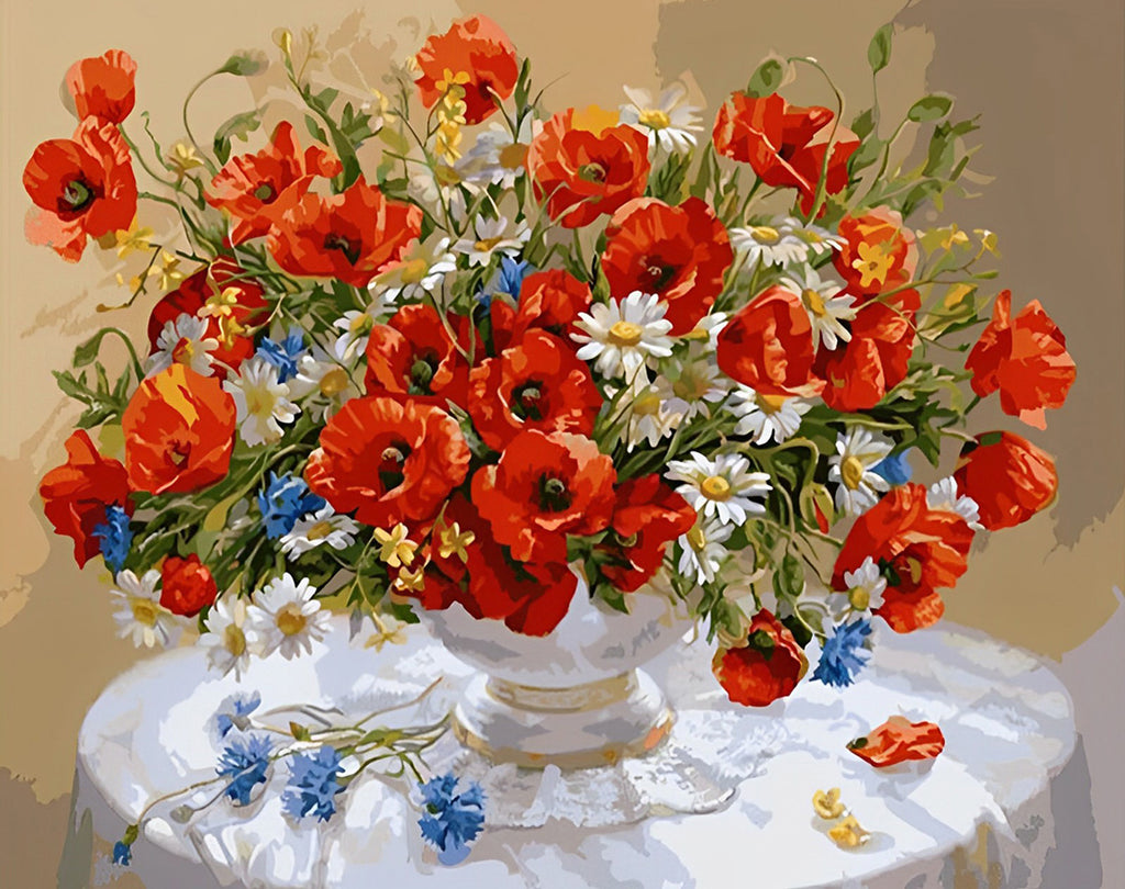 Rote Mohnblumen auf dem Tisch Malen nach Zahlen