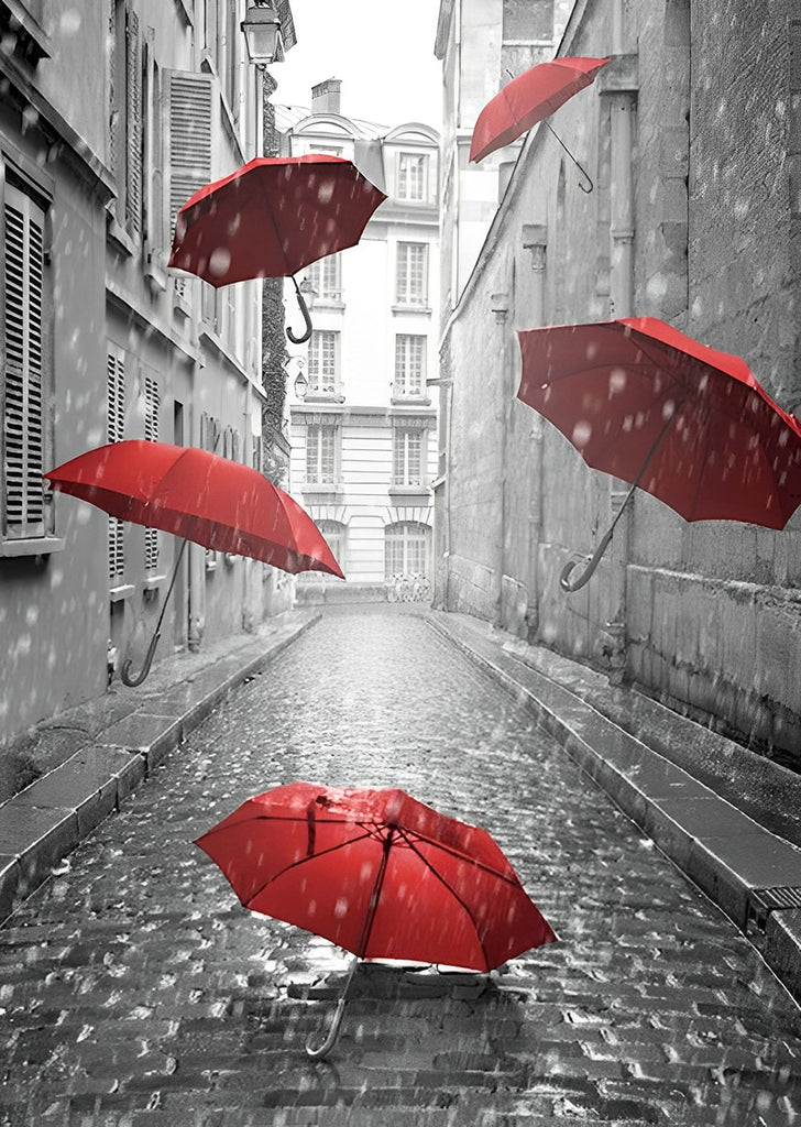 Rote Regenschirme in der Gasse Malen nach Zahlen