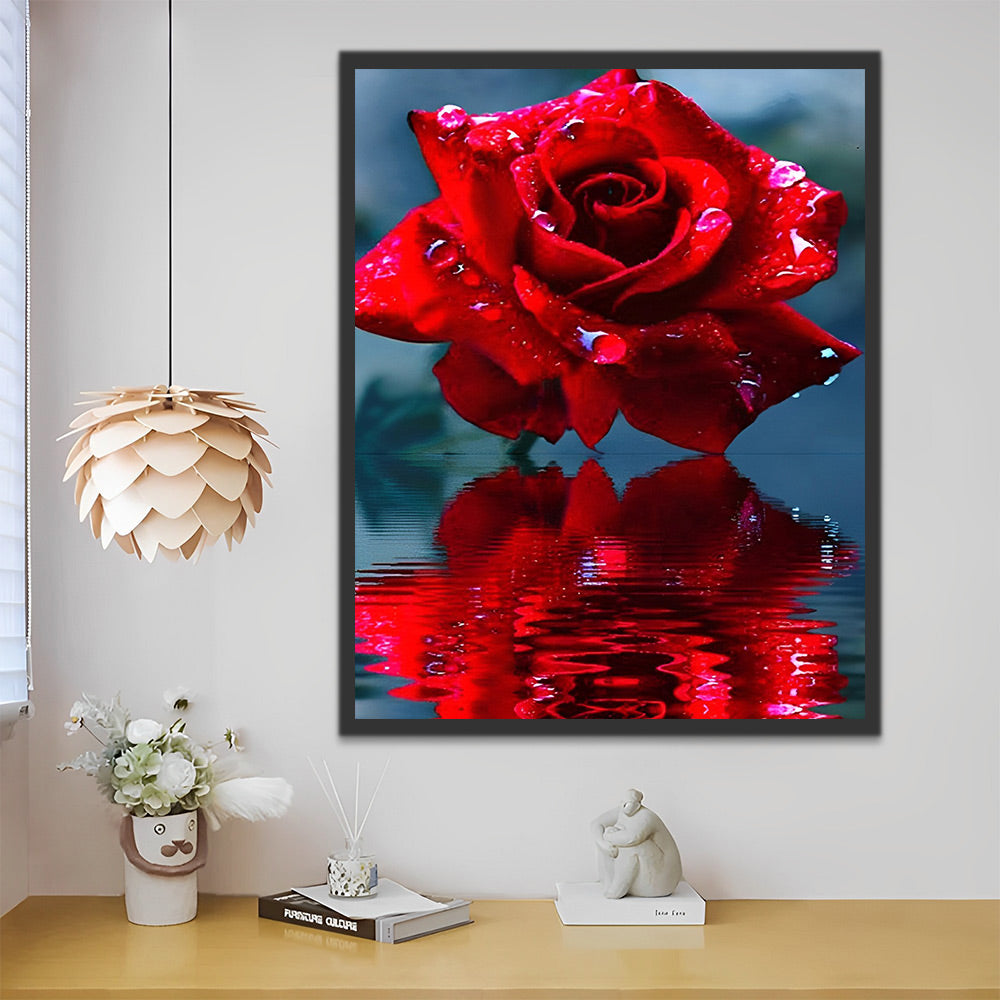 Rote Rose und ihr Spiegelbild im Wasser Malen nach Zahlen