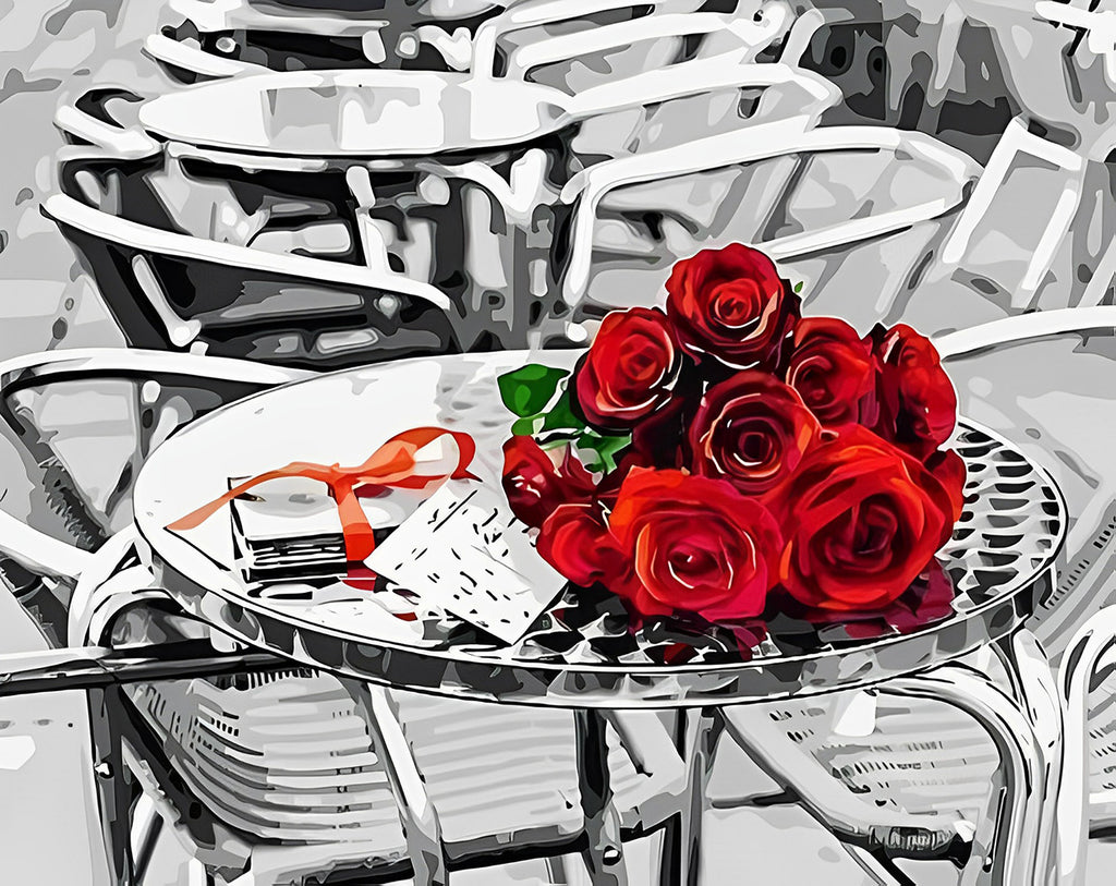 Rote Rosen auf einem Café-Tisch Malen nach Zahlen