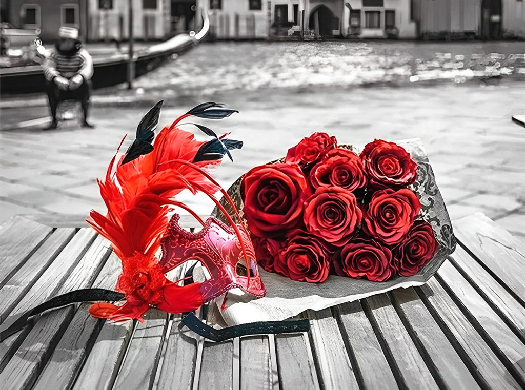 Rote Rosen und rote Maske Malen nach Zahlen