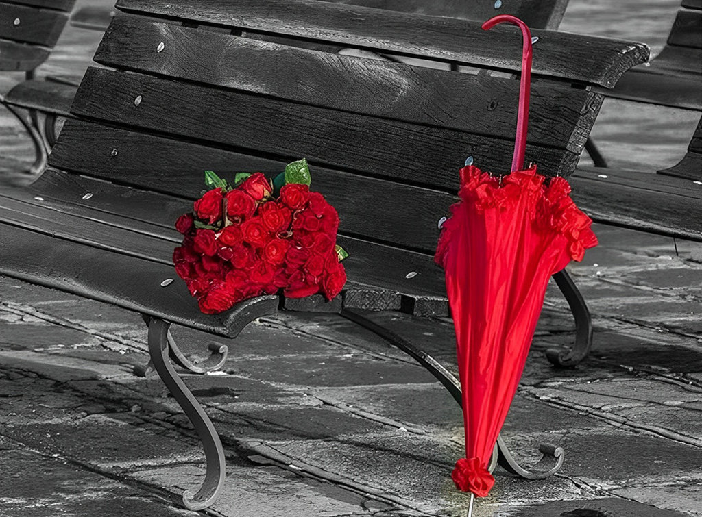 Rote Rosen und roter Regenschirm auf der Bank Malen nach Zahlen